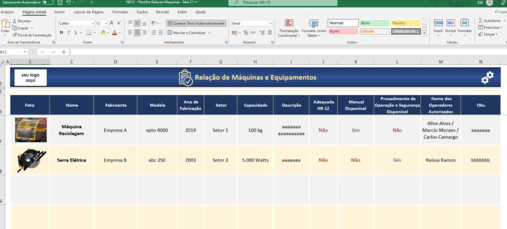 Modelo de inventário de máquinas que atende a NR-12