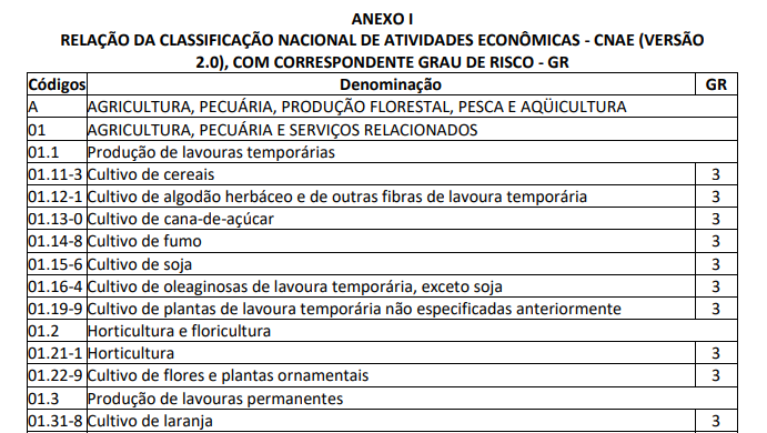 NR-04 SESMT - Anexo I - CNAE e Grau de Risco