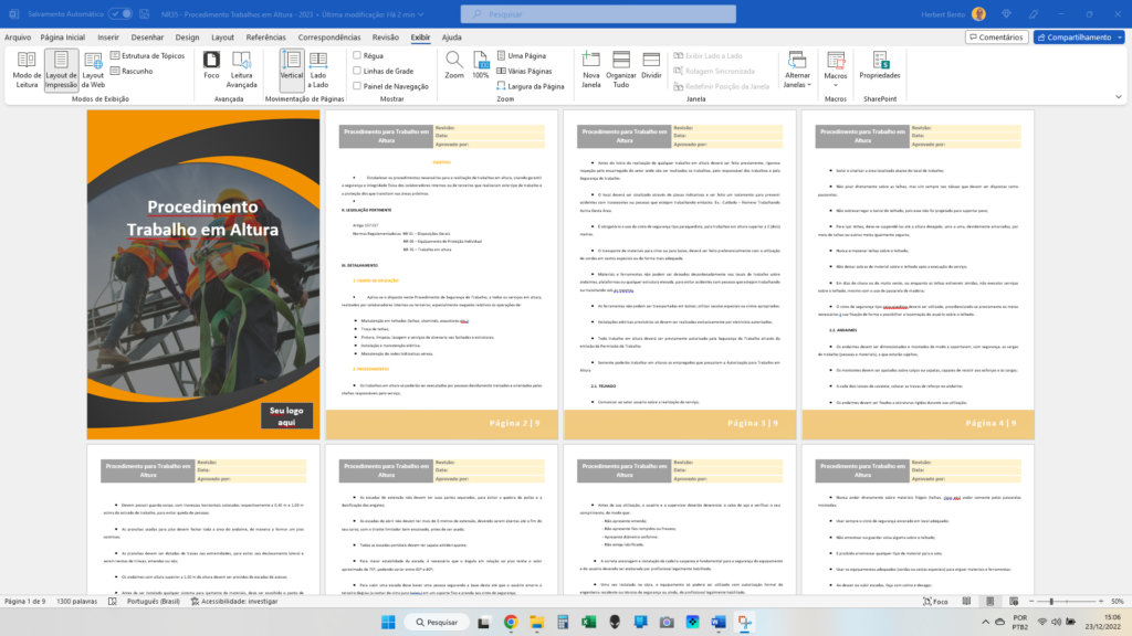 Modelo de Procedimento para Trabalho em Altura - Pendrive Segurança do Trabalho 2023